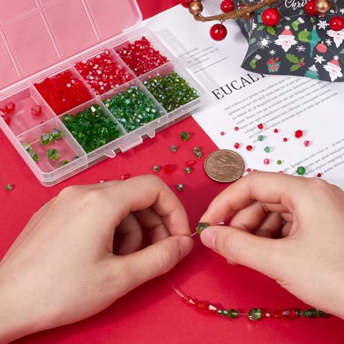 SUNNYCLUE 1 Box 1100Pcs Bicone Glass Bead Christmas Faceted Beads Bulk Assorted Transparent Crystal Red Green Xmas Winter Loose Spacer Gem Bead for Bracelets DIY jewellery Making Necklace Crafts Findi - Image 3