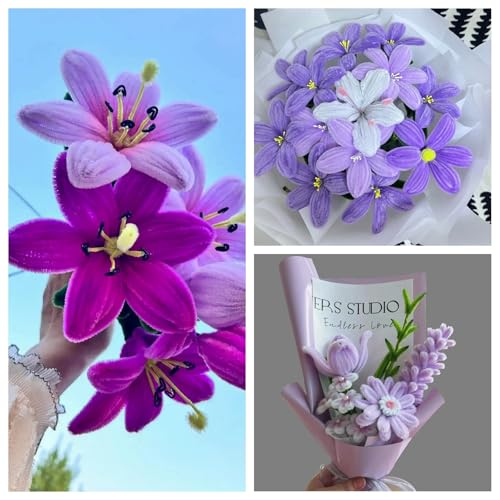 Image of ASTARON 521 Pcs 5 Colors Art Chenille Stems Pipe Cleaners Flower Making Kit | Purple Series Craft Pipe Cleaners,20 Floral Wires,Green Gardening Tape, Flowers Making Kit,Polyester Fluffy Pipe Cleaners Set