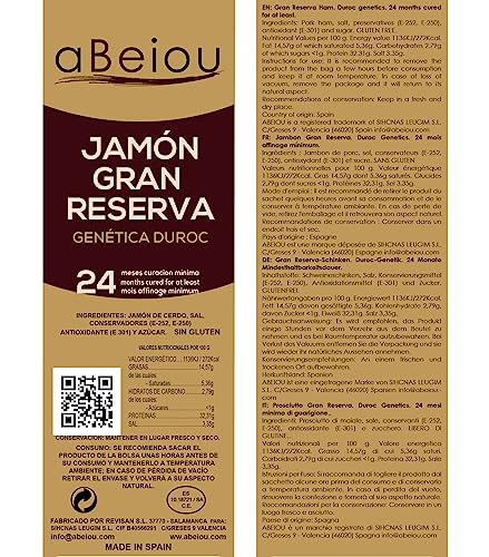 aBeiou. 1KG Serrano SCHINKEN OHNE KNOCHEN GRAN RESERVA DUROC PREMIUM. Reifung mehr als 24-25 Monate (vakuumverpackter Schinken), hergestellt in Guijuelo - Spanien. Produkt der Iberischen Halbinsel.