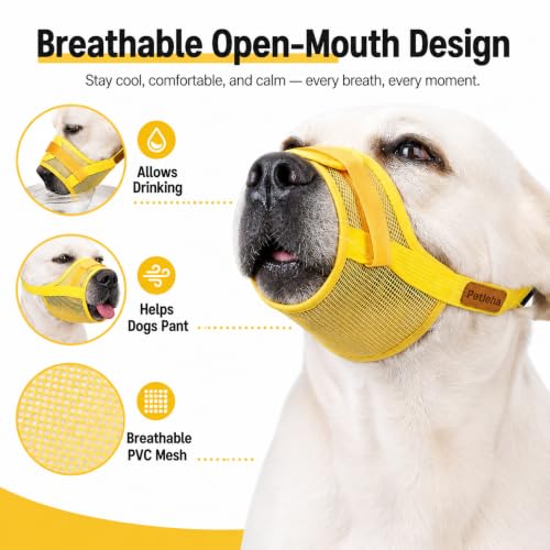 Image of Dog Muzzle, Breathable Mesh for Grooming & Nail Care, Yellow, L | Adjustable head and snout straps, quick-release buckle, soft padded edges