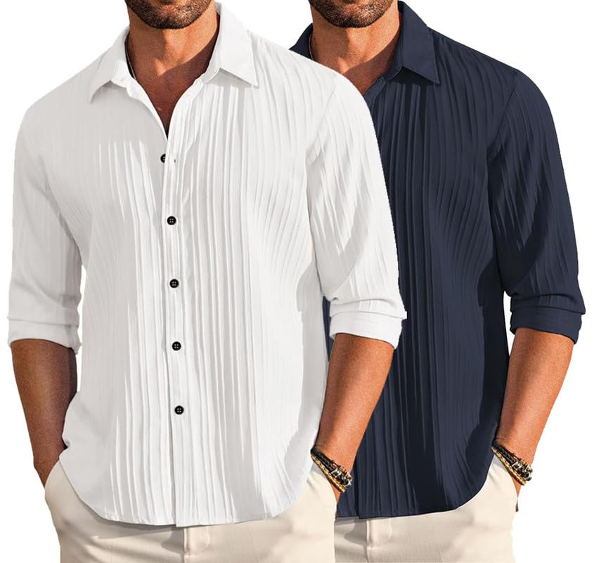 Image of DEELMO Combo of Men's Casual Button Down Shirts Long Sleeve Linen Shirt Fashion Textured Summer Shirts Pack of 2