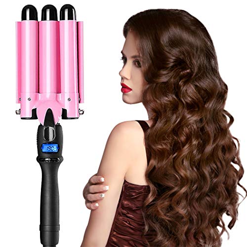 3 Barrel Curling Iron with LCD Temperature Display - 1 Inch Hair Curling Iron, Ceramic Hair Crimpers and Wavers Hair Curlers for Deep Waves Suit for All Hair Style?Pink