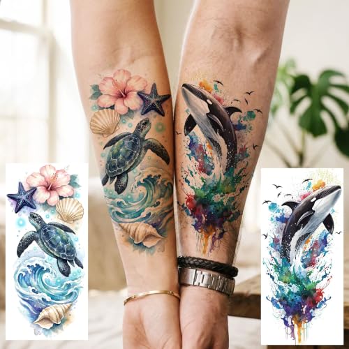 Image of VANTATY 12 Sheets Marine Life Ocean Animal Temporary Tattoos For Women Men Adults Forearm Tattoo Sticker, Realistic Watercolor Sea Whale Shark Turtle Fake Tattoos Hand Neck Body Art Temp Tatoos Makeup