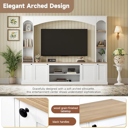 Image of JIJIWANG 91 inch Arched Entertainment Center with Bookshelf for TVs Up to 70 inch, Large Wall Unit Tv Stand with Storage Adjustable Shelves Doors for Living Room White