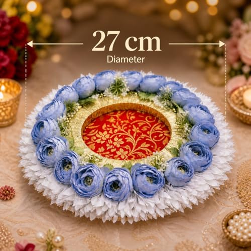 Image of SATYAM KRAFT 1 Pc Handcrafted Engagement Ring Holder Platter Round thali-Ideal for Rakhi, Ring Ceremony, Sagai,shaadi Decor,Marriage, Handmade Decorative Platter for Brides Maid (Blue)