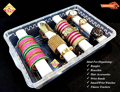 SPC Plastic adjustable 4 rod Bangle Box Chudi Set Organizer Jewellery Storage Display Box for Bangles Chudi Bracelet Wrist Watch Hair Bands Scrunchies Accessories, Transparent (2)