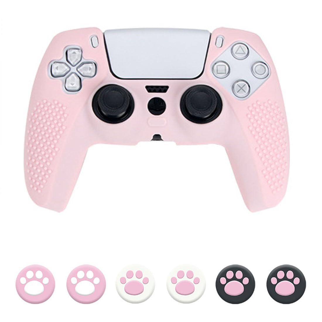 Pink Paw Controller Skin Grip Set, 1 Stück rutschfeste Silikon-Schutzhülle + 6 Stück Joystick-Abdeckung für Wireless Controller-Zubehör-Set