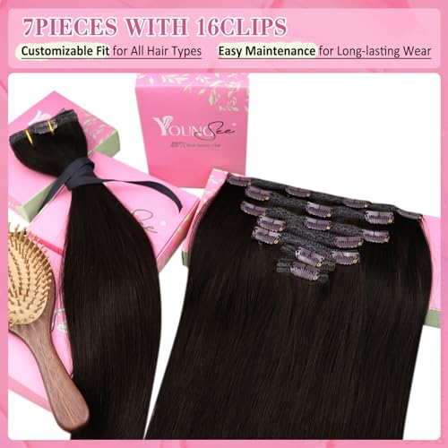 Image of YoungSee Dark Brown Clip in Hair Extensions 120g Straight Real Hair Extensions Clip in Human Hair Darkest Brown, Easy Application Hair Clip ins Extensions for Natural Look 18Inch 7Pcs
