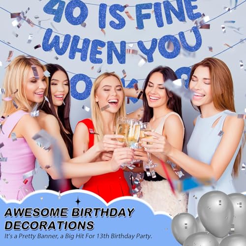 Image of Fulmoon Pre Strung 40 Is Fine When You Look 29 Banner Glitter Happy 40th Birthday Banner Funny 40th Birthday Sign 1985 Party Decorations for Men Women(Dark Blue)