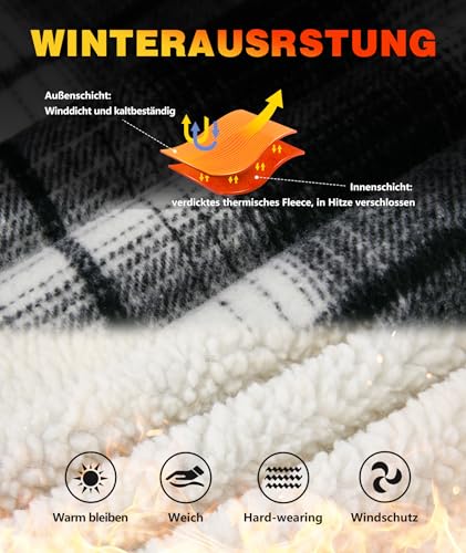 JACKETOWN Herren Fleecejacke Flanell Hemdjacke mit Kapuze Übergangsjacke Warm Gefüttert Kariertes Holzfällerhemd Winterjacke mit Taschen Casual Outdoor Mantel für Herbst Winte