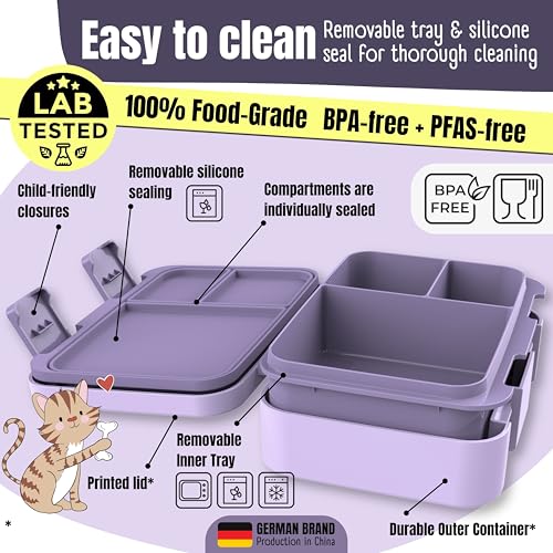 Image of BEARFOOT Kids Lunch Box with Compartments - Compact & Lightweight | Leak-Proof, BPA-Free, Dishwasher Safe | Hand-Drawn Design for Preschool, School, Travel (Sticker Purple, 2.75 Cups)