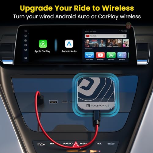 Image of Portronics Tune Plus, 2-in-1 CarPlay & Android Auto Adapter with Inbuilt YouTube, Netflix, Converts Wired to Wireless, 3GB RAM + 32GB ROM, Plug &Play, USB-A & Type-C Compatible, TF Card Slot for Media