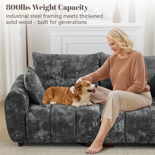 Image of 81.5 inch Chenille Love Seat Sofa, 2 Seater Modular Sectional Couch with Deep Seat, Solid Wood Legs, Cloud Couch for Bedroom, Living Room, Mid Century Modern Loveseat, Tufted Sofa, Grey