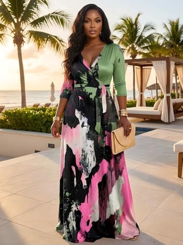 Image of PinkPatty Plus Size Maxi Dress for Women 3 /4 Sleeve Casual Long Dress | Soft stretchy fabric, functional pockets, flattering wrap v neck for vacation, casual wear and everyday styling
