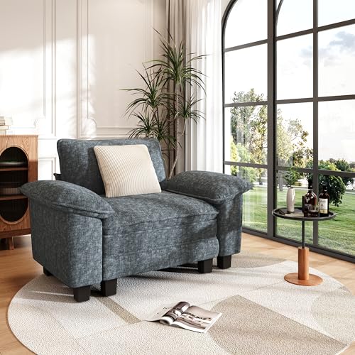 Image of PHI VILLA Oversized Single Sofa Chair, 1 Seater Comfy Sofa with Deep Seat for Reading Nook Bedroom Small Spaces, Chenille Fabric, Dark Cyan