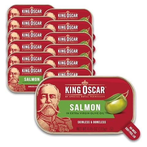 King Oscar Premium Salmon in Extra Virgin Olive Oil, 4.05-Ounce Cans (Pack of 12), Skinless & Boneless Salmon Cover