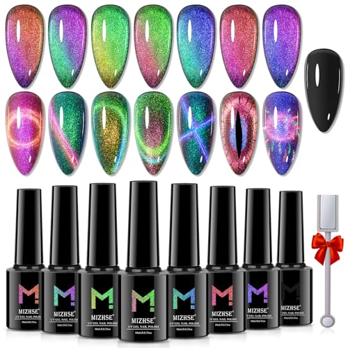 MIZHSE 9D Cat Eye Gel Nail Polish 8x10ML, Dual Color Galaxy Magne...