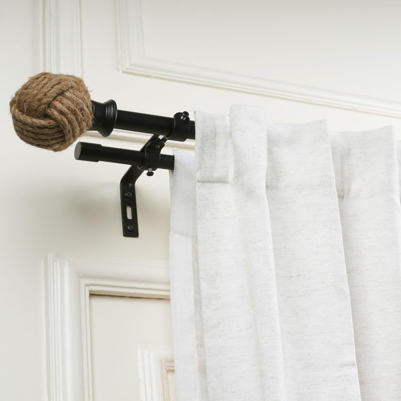 Image of 28 inch-48 inch Adjustable Double Curtain Rod For Door & Windows With Brackets Set Curtains Hanging Extendable Iron Metal Pipe Holder With Spool Jute Finial (Black, 0.75 inch Diameter)