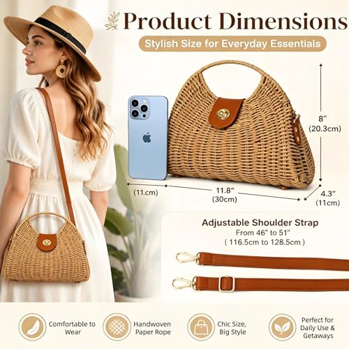 Image of ZAVOOS Straw Crossbody Bag for Women, Handwoven Rattan Beach Straw Purse with Handle, Detachable Strap, Fashionable Dumpling Bag Shoulder Handbag Clutch Purse for Travel, Holiday