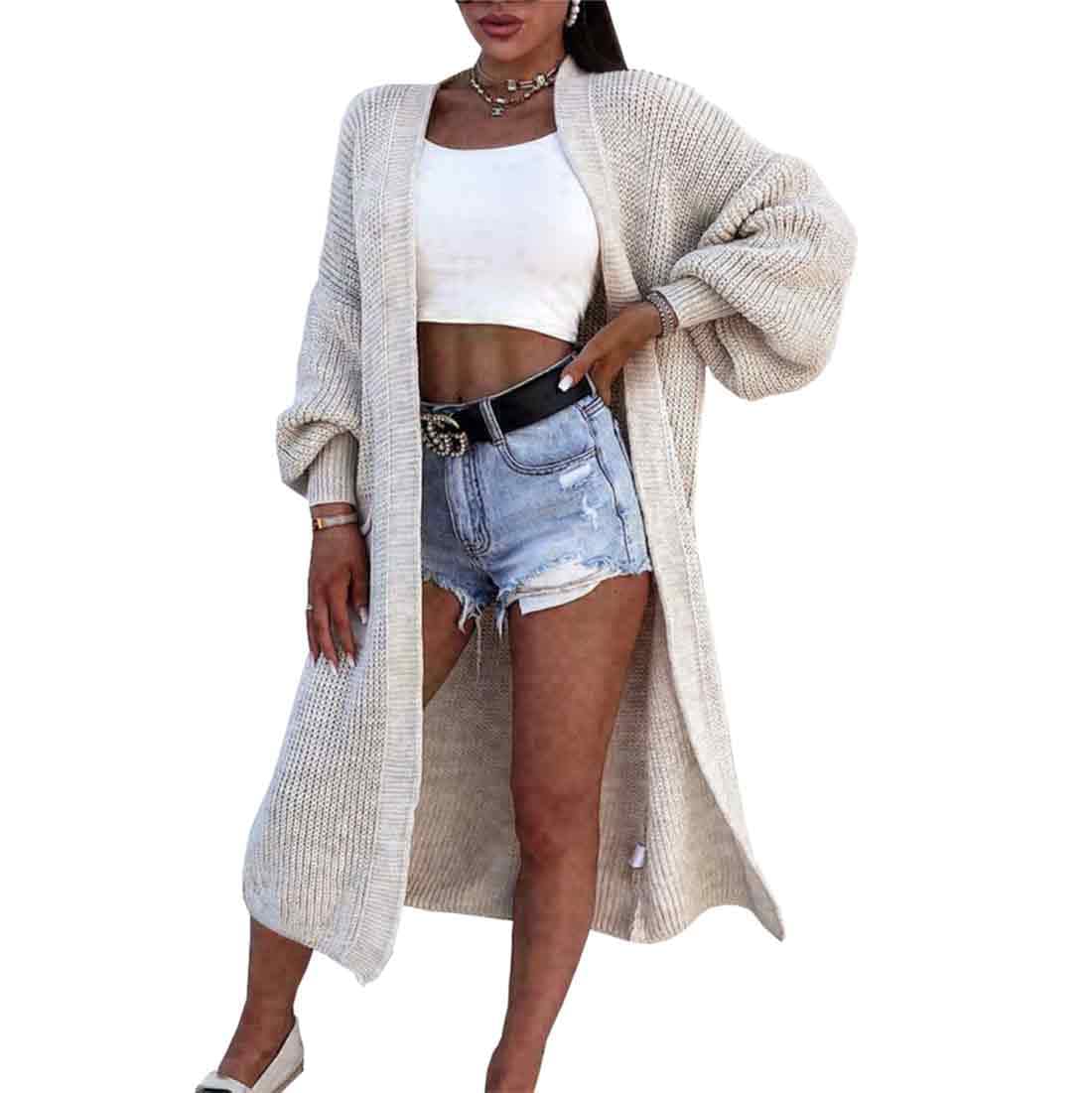 Fairy Trendz Ltd Women's Stone Open Front Chunky Knitted Cardigan Oversized Balloon Sleeve Jumper Top ( Uk 16-18)