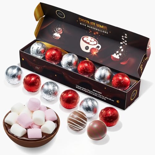 Hot Chocolate Bombs Marshmallow Filled Balls - Set of 6-2 Flavors White & Red Swirl Caramel & Fudge Brownie Candy Chocolates Winter - Best Cocoa Filled Marshmallows - Bomb Gift Set, Delicious Gifts