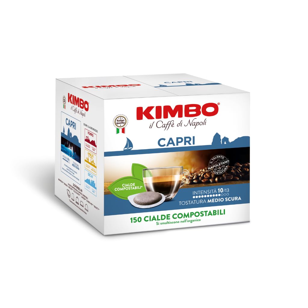 Kimbo, Capri, Le Meraviglie del Gusto, 600 cápsulas compostables, sabor intenso, intensidad 10/13, tueste medio-oscuro, 4 paquetes de 150 cápsulas