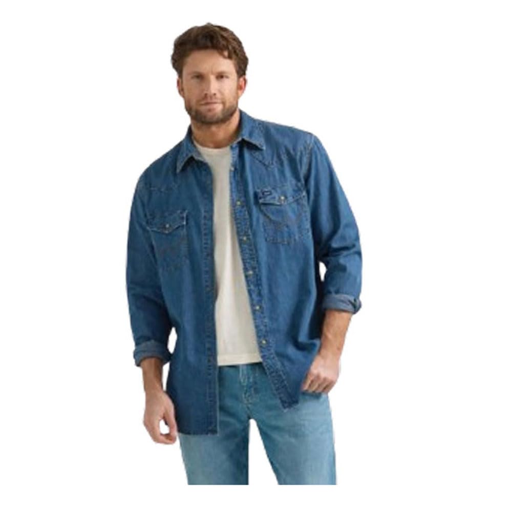 Wrangler Męska koszula dżinsowa z kolekcji zatrzaskowej (niebieska, duża, regularny krój, długi rękaw, 71 cm, 2 kieszenie, styl zachodni, miękka tkanina, szybkie przechowywanie, zapięcie na zatrzask,