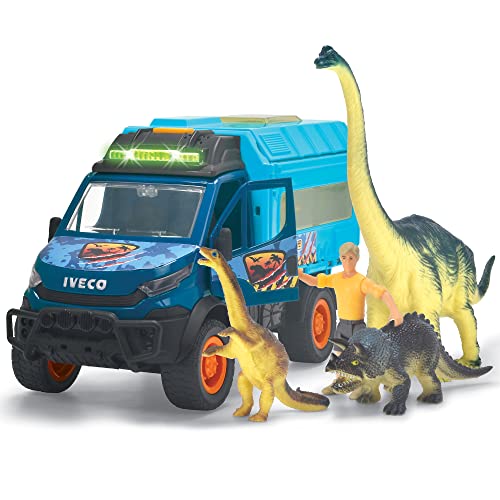 Dickie - Camion Dino World Lab cm 28, 203837025, + 3 anni, con luci e suoni, inclusi 3 dinosauri e personaggio