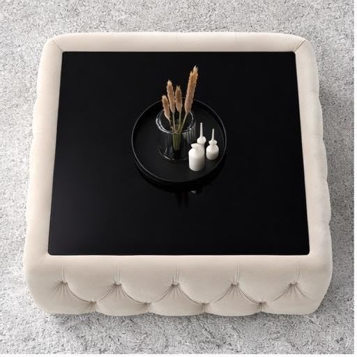Image of Premium Tufted Upholstered Coffee Table with Black Mica Top - Modern Square Ottoman Center Table, Soft Velvet Finish, Luxury Living Room Furniture (30 x 30 x 18 Inch, Beige)