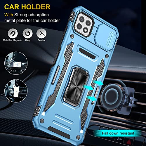 Image of Polycarbonate Slide Camera Cover with Ring Holder Mobile Phone Back Cover for Samsung Galaxy A22 4G /M32 4G (Blue)