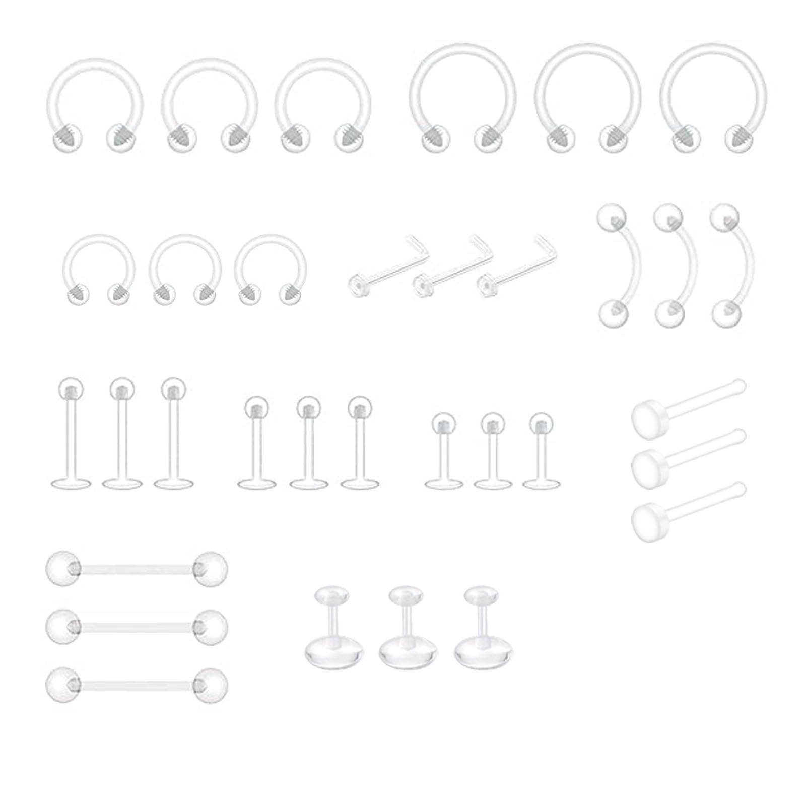 33pcs Clear Piercing Retainers,Clear Nose Stud Piercing Retainers Clear Earrings for School,Clear Piercing Retainers Set Flexible Nose Septum Studs Lip Ear Nose Eyebrow Tongue Rings.