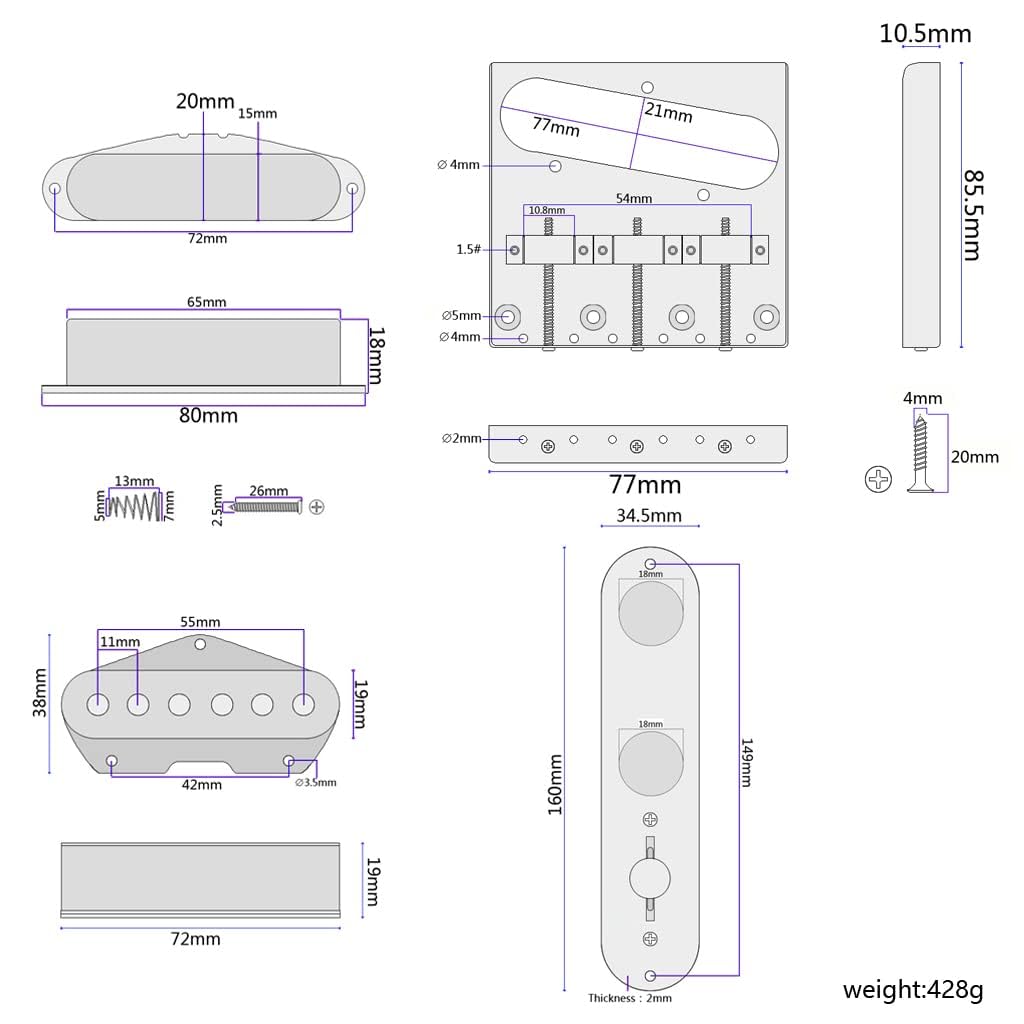 Juego de pastilla de guitarra, placa de control de interruptor de 3 vías con puente de sillín y pastilla Alnico V para guitarras eléctricas Telecaster, arce natural