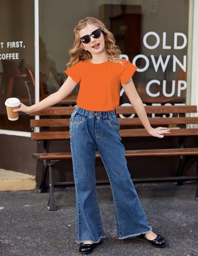 Image of Arshiner Girls T Shirts Ruffle Short Sleeve Summer Pleated Crewneck Casual Tops Tees Blouses