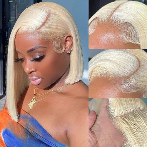 HIRIREMY Bob Wig Human Hair 13x4 HD Lace Frontal Short Straight Lace Front Bob Wigs for Black Women Human Hair Pre Plucked Glueless Side Part 180% Density 613 Blonde Color 12 Inch