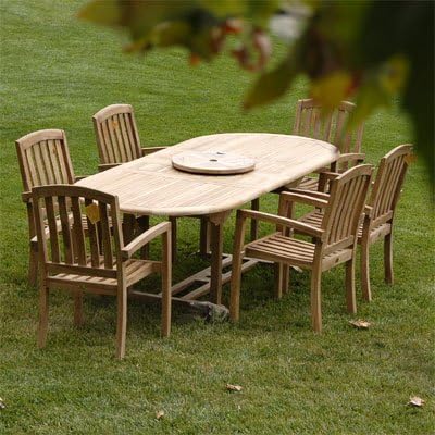 Grade-A Teak Outdoor Dining Set with Hawken 84”x40” 7 Pieces | Oval Double Extension Table & 6 Stacking Chairs | Wooden Outdoor Seating for Garden Fine Sanded, Natural Finish