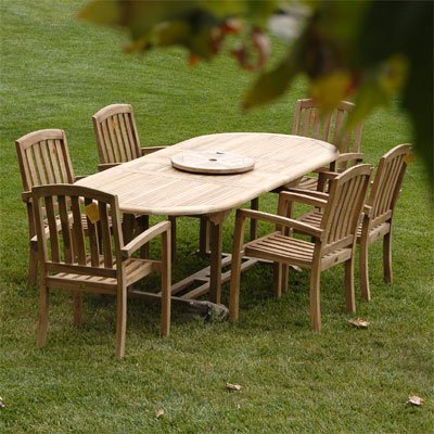 Grade-A Teak Outdoor Dining Set with Hawken 84”x40” 7 Pieces | Oval Double Extension Table & 6 Stacking Chairs | Wooden Outdoor Seating for Garden Fine Sanded, Natural Finish