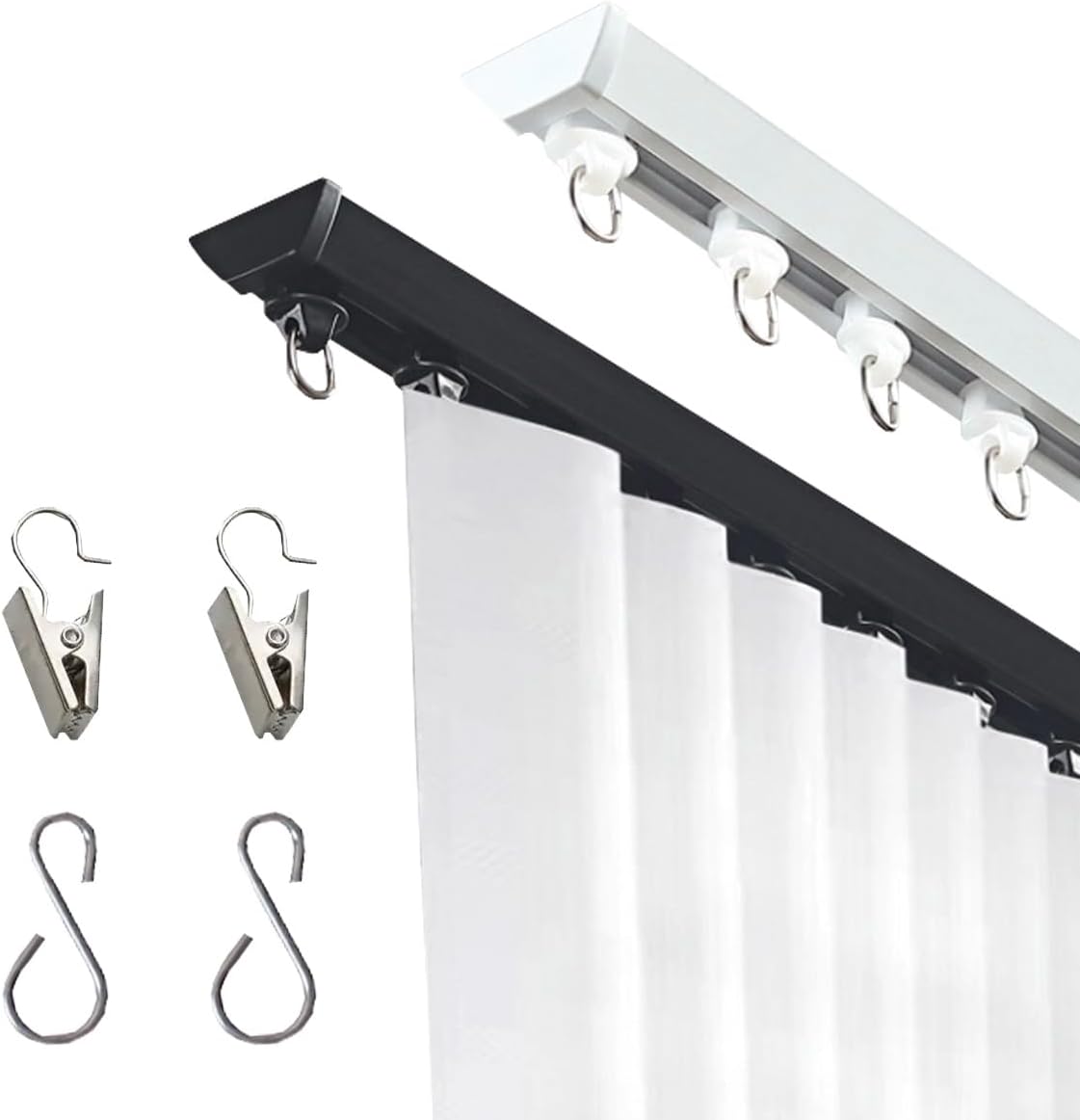 Adhesive Curtain Rod Holder Rieles para Cortinas Corredizas de Techo Curtain Track Wall Mount No Screw Renter Friendly Curtains Rail with Clip and Hook for Bathroom RV(White,390cm/12.8ft)