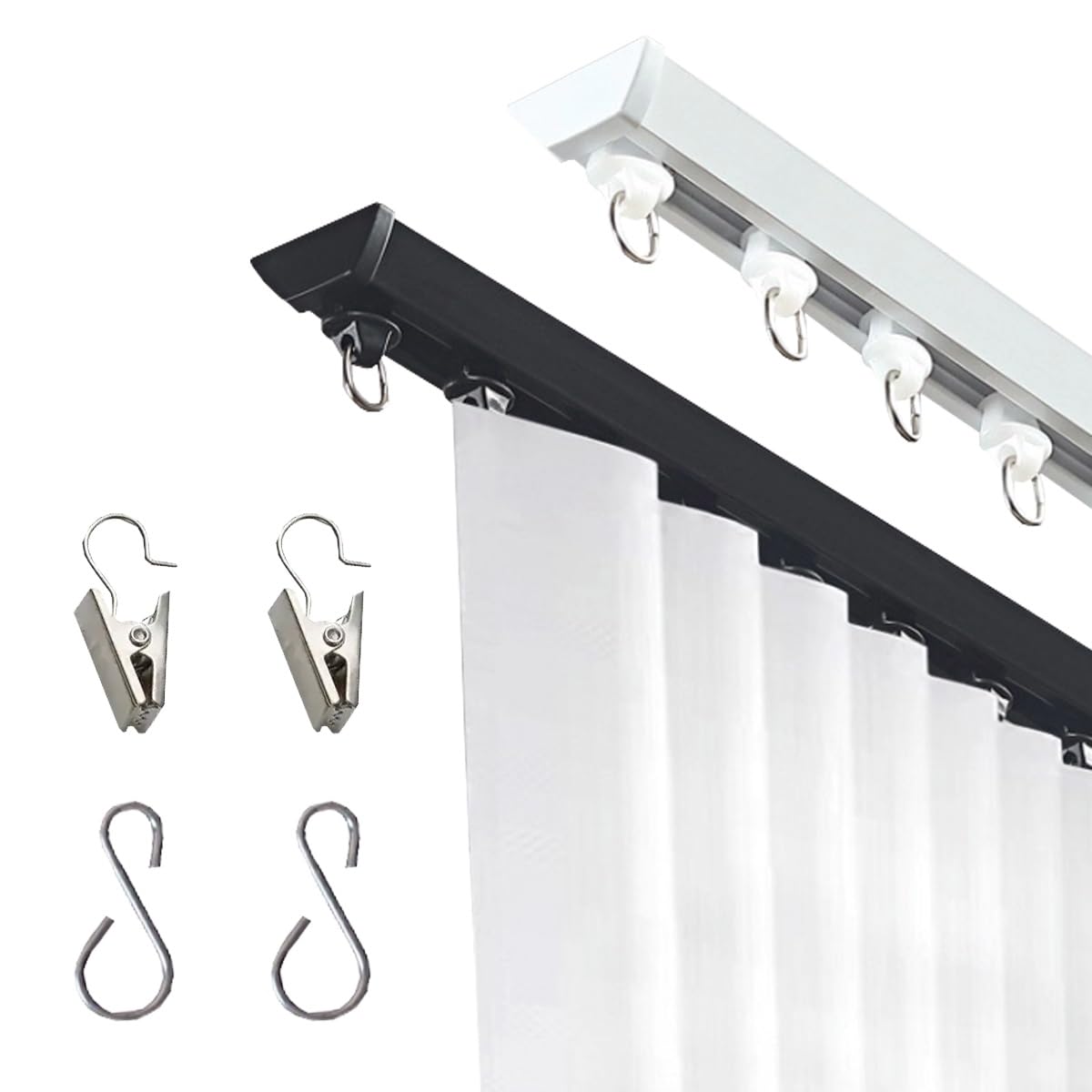 Tringle à rideaux auto-adhésive de 50 à 500 cm, sans perçage, en aluminium, avec clips et crochets pour salle de bains et camping-cars, installation facile, design élégant - Noir