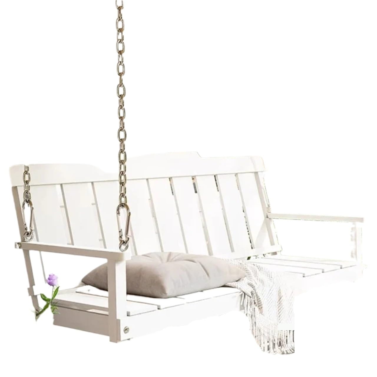 Wooden Swing Bench Unch-free Patio Swings Indoor Double Balcony Hanging Basket Chair Leisure Area Garden Courtyard Swing(150CM White-Chain 5m)