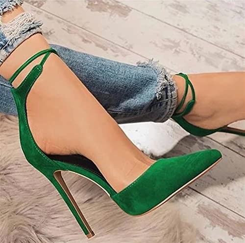 Fashion Women's High Heel Pointed Fine Heel Hollow Rivets Low-top Solid Color Ankle Strap Dress Sandals Casual Evening Shoes (Color : Green, Size : 5)