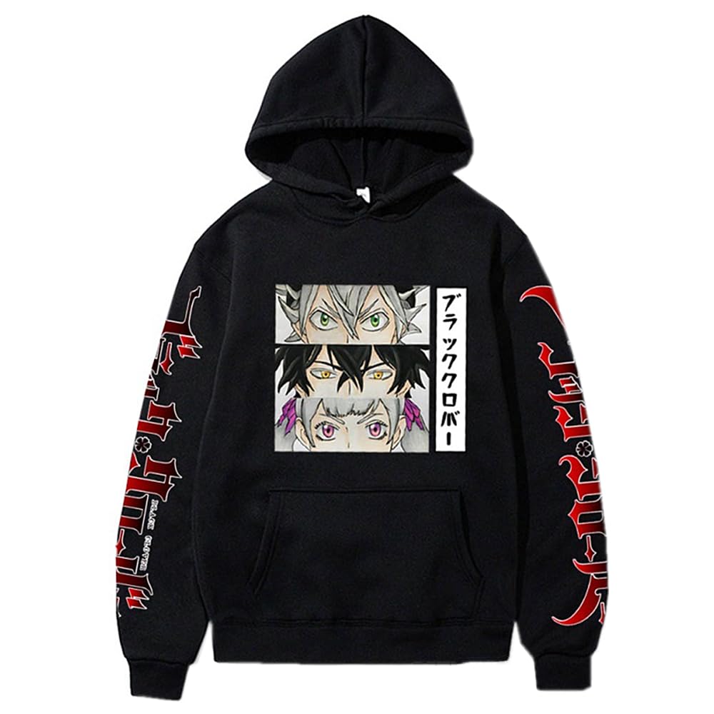 Charous Unisex Black Anime Clover Cosplay Asta Yuno Noelle Cartoon Print Hoodie Casual Thicken Soft Sweatshirts For Manga Fans