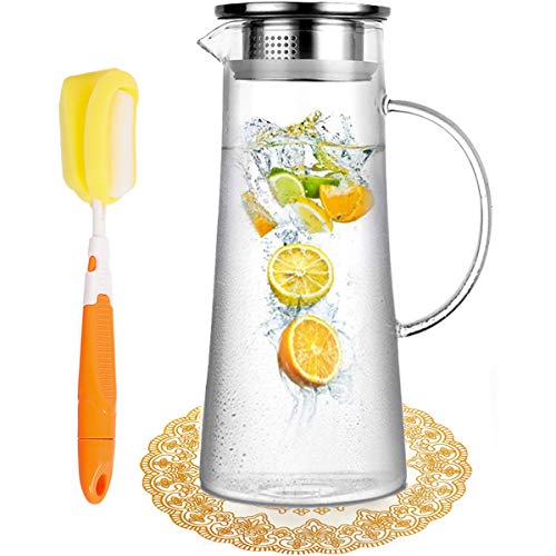 Artcome 1.5 Liter / 52 Oz Hand Made Glass Water Pitcher with Stainless Steel Strainer Lid