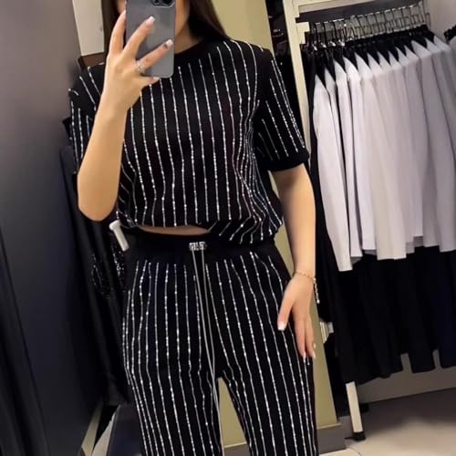 2025 Women's Casual Solid Color Round Neck Hot Diamond Short Sleeve Two-piece Suit, Elegant Stripe Wide Leg Pants 2 Piece Set2