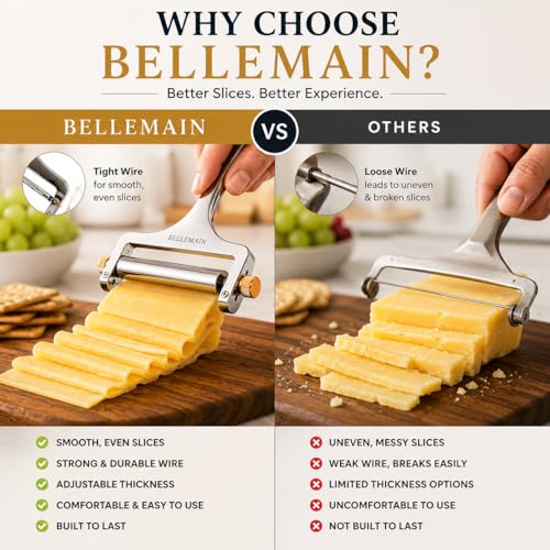 Image of Bellemain Stainless Steel Wire Cheese Slicer with 2 Extra Wires - Handheld Cheese Cutter for Block Cheese, Adjustable Thick & Thin Slices for Cheddar, Gruyere, Raclette & Mozzarella (Silver)