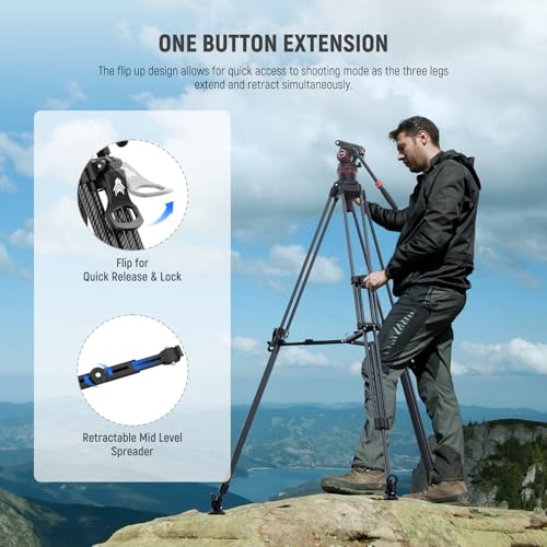 Neewer LL36 78" Video Tripod With Fluid Head, One Step Fast Lock Carbon Fiber Dslr Tripod, Professional Heavy Duty Camera Tripod With Damping Adjustable, Qr Plate Compatible With Dji Rs - 5