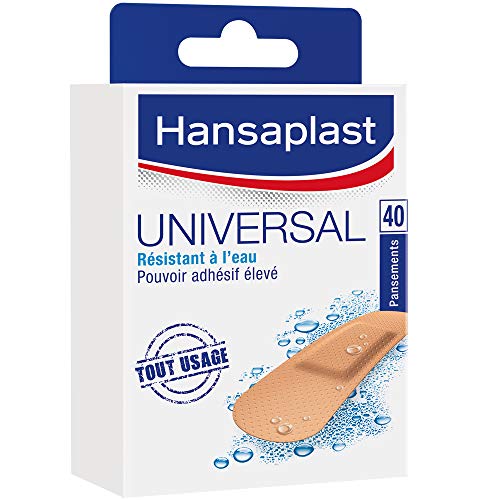 Hansaplast UNIVERSAL 40 Pansements, Pansements résistant à leau et à la poussière, Pansements stériles prédécoupés pour toute la famille