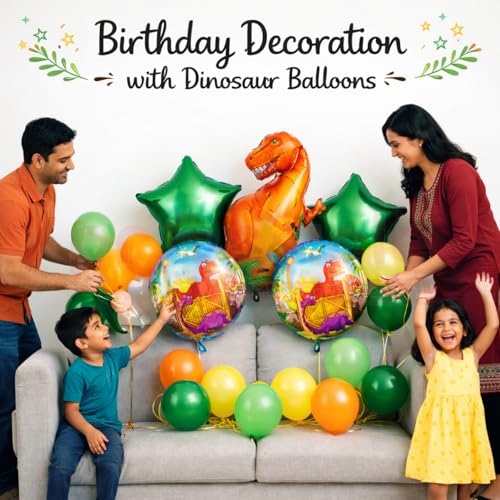 Image of Propsicle Dinosaur Theme Foil Balloons Set of 5-36 Inch Dino Shape Balloon with 2 Round Printed Balloons and 2 Star Foil Balloons - Suitable for Birthday, Jungle Theme, Safari Decoration