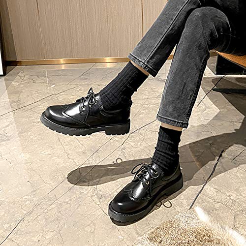 Odema sapato feminino clássico perfurado Wingtip Oxford vintage com cadarço e bico redondo, Preto, 9