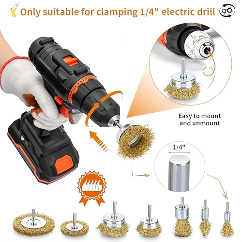 Image of 16PCS Wire Wheel for Drill, Brass Wire Brush for Drill Rust Removal, Cup Brush and End Brush Set, Wire Brush Drills Attachments, 1 /4 inch Drill Shank, Carbon Steel Bristles