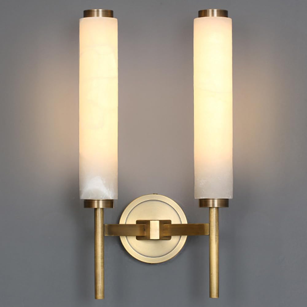 Trividha Gold-2 Light Brass Alabaster Sconce Lighting Modern Marble Wall Light 18.9In Bathroom Vanity Wall Light E14 Alabaster Wall Lamp For Bedroom Living Room Hallway Kitchen Stairs